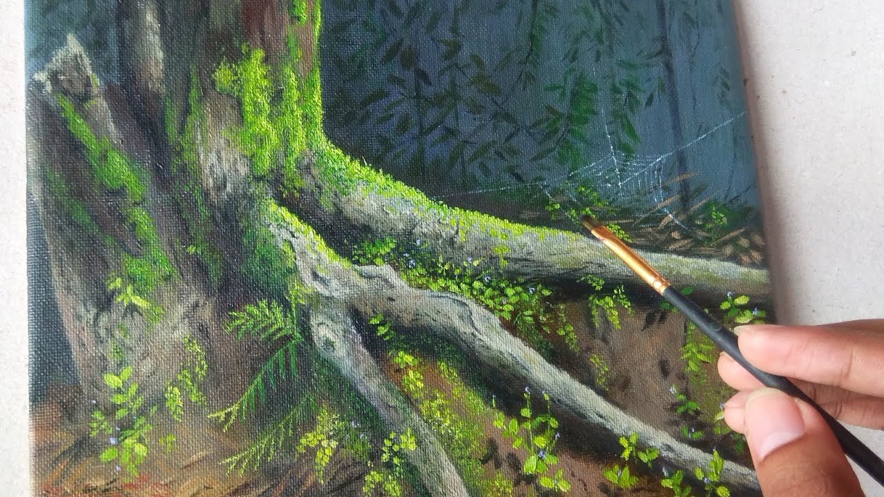 Acrylicpainting Tree Trunk with moss