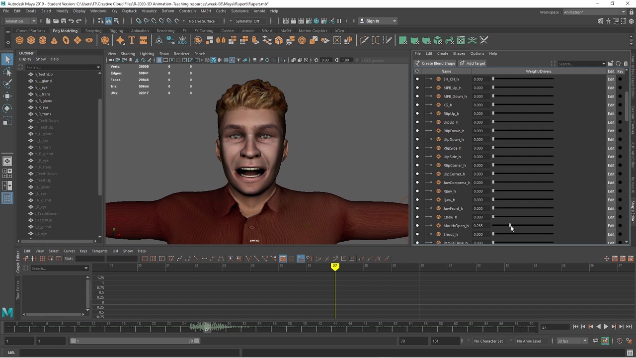 Facial animation using Autodesk Maya's Blend Shapes Keyframes