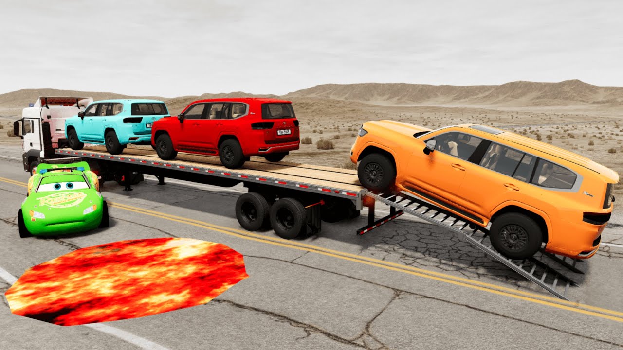 Double Flatbed Truck Mcqueen | Transportation with Truck - Pothole vs Car #4 - BeamNG.drive