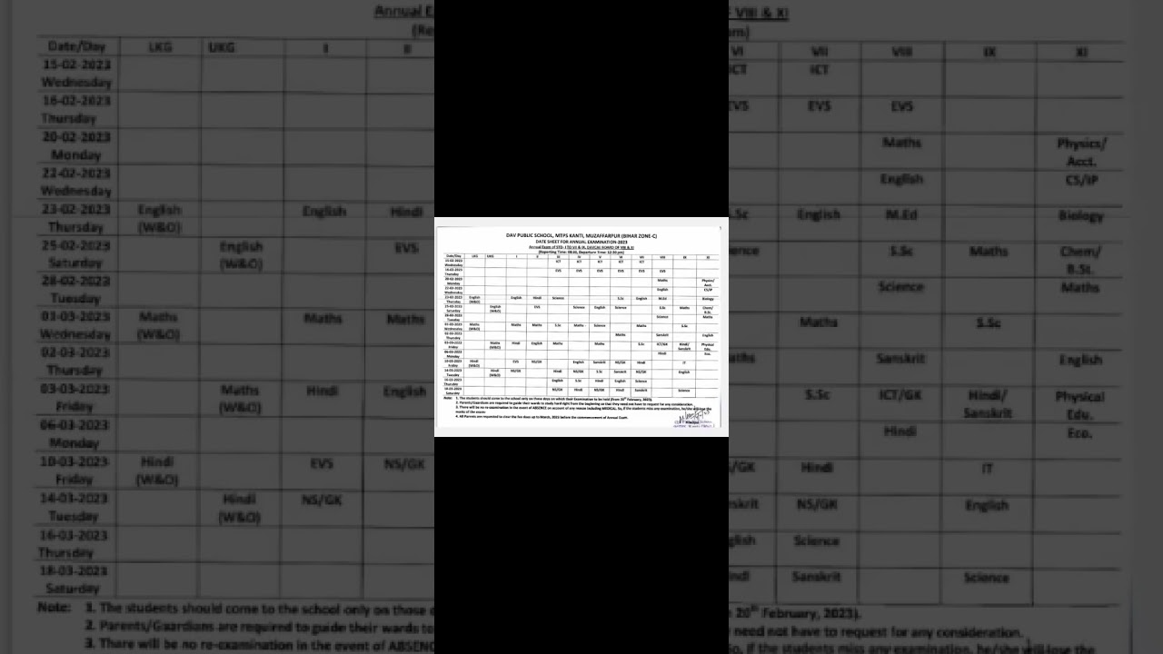dav class7 Annual Exam Date sheet 2022-23