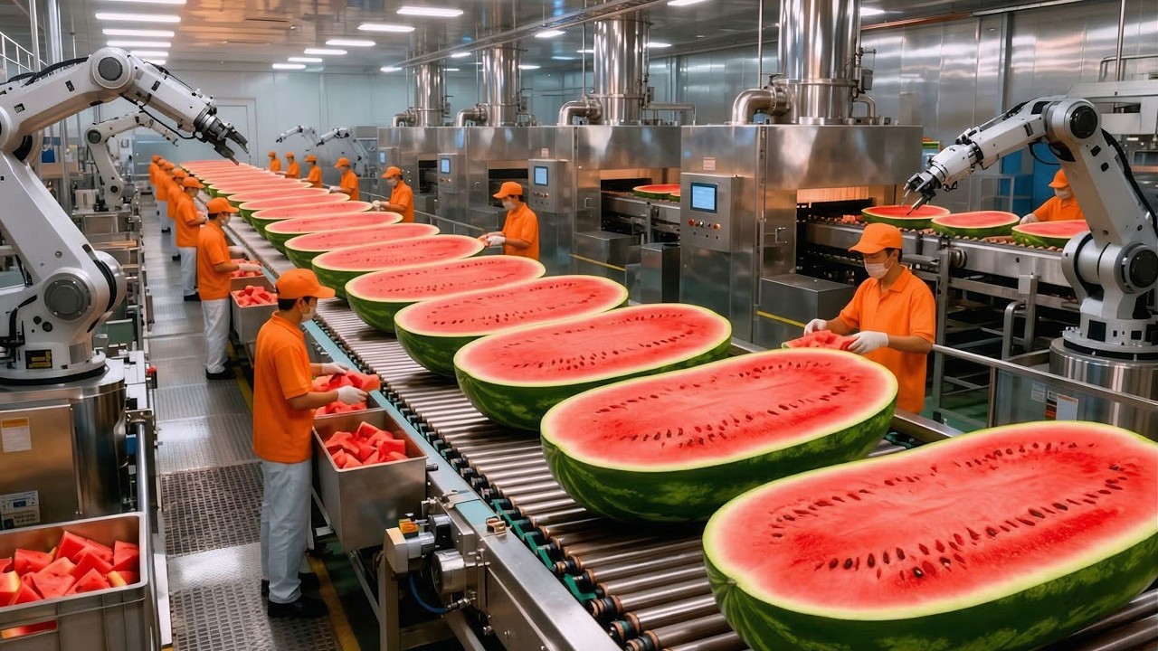 Dentro de una moderna planta procesadora de sandías De sandías enteras a jugo rojo dulce