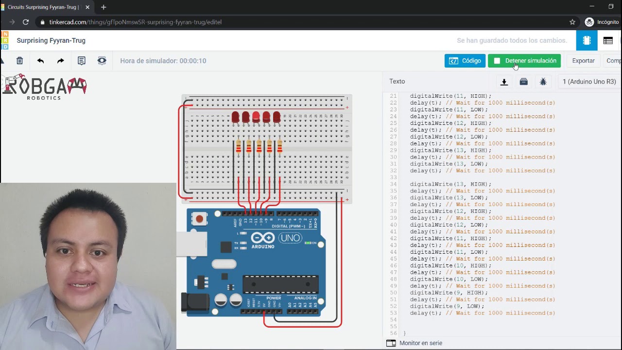 Tinkercad secuencia de 5 LEDS
