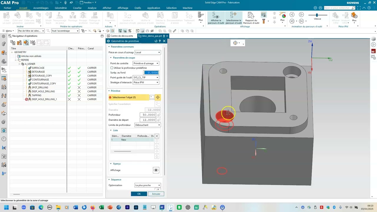 Solid Edge Cam Pro : le fraisage - partie 2 - pointage, perçage, taraudage, lamage, programme