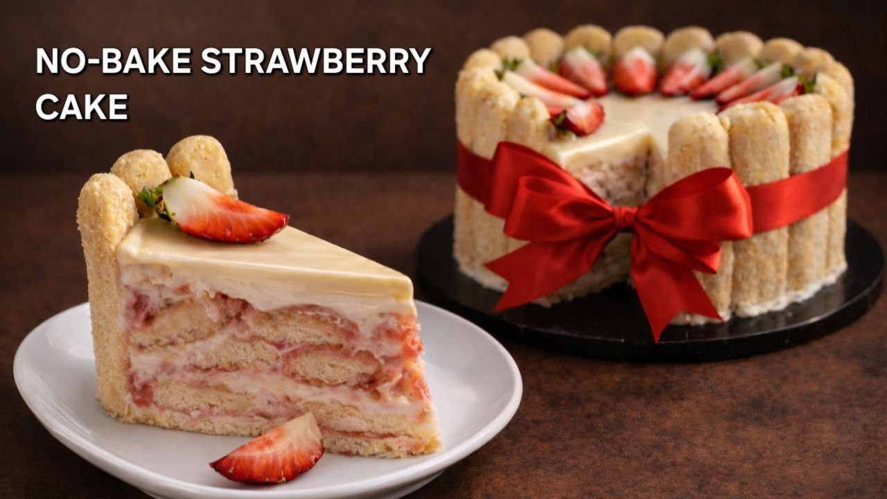 No-Bake Strawberry Cream Cake | Easy Ladyfinger Dessert