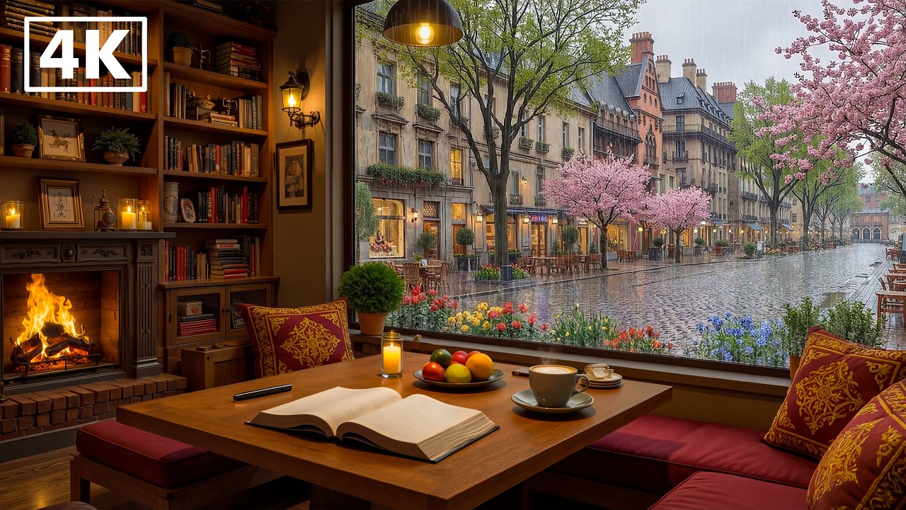 Gentle European Spring Cafe Jazz | Soft Jazz Piano, Rain & Fireplace Ambience for Relaxation & Study