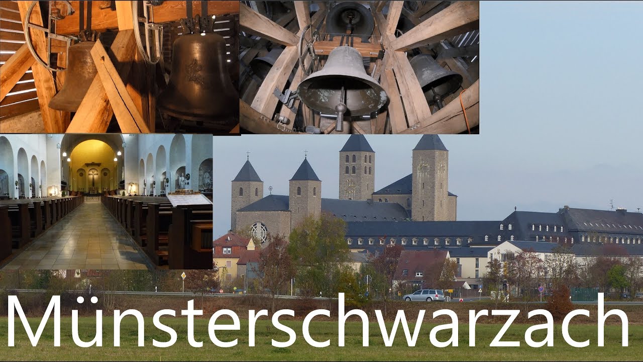 Münsterschwarzach (KT) Die acht Glocken der Abteikirche Christus der Erlöser (Turmaufnahme)