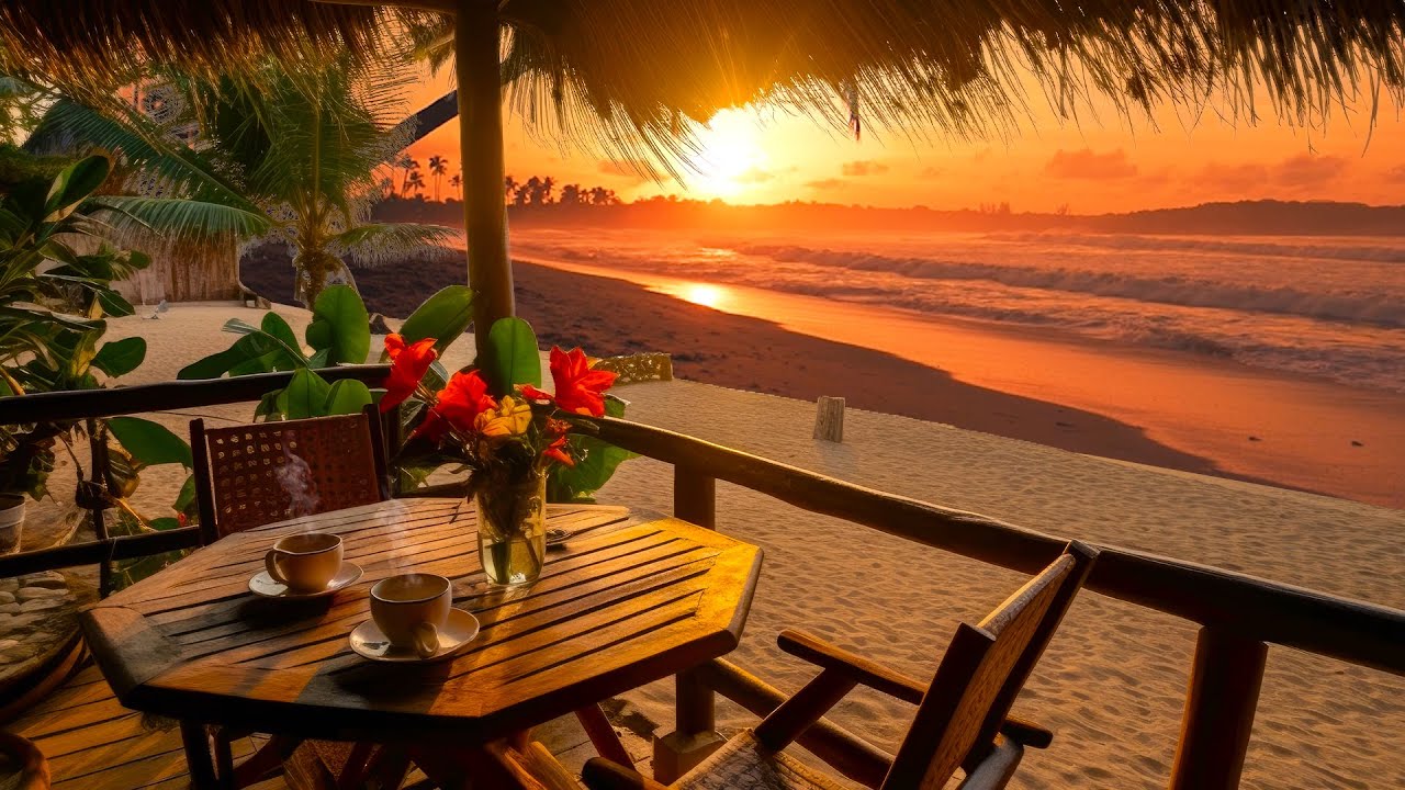 Beach Sunset Cafe Ambience with Relaxing Hawaiian Guitar Music & Crashing Waves Sound for Relax