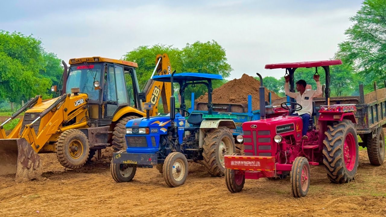 Jcb 3dx Eco Loading Mud in Trolley Tractor Power Test Mahindra 575 di Eicher 380 Kubota