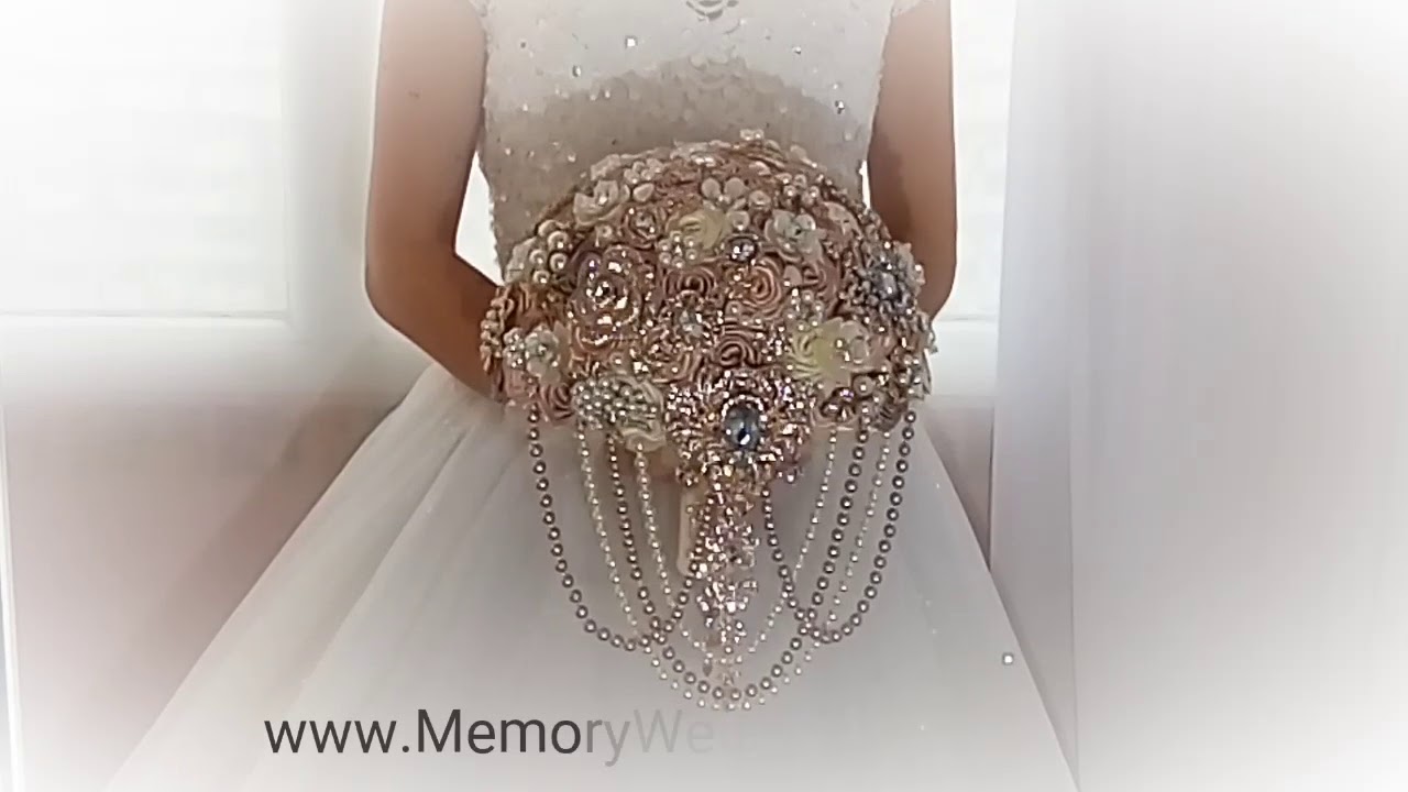MemoryWedding Luxury brooch bouquet , cascading pearl blush Champaign  diy broach boquet