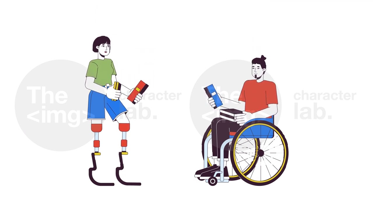 Diverse readers with disabilities line 2D characters animation