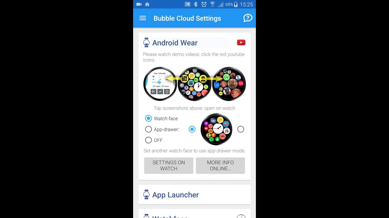 Watch face vs App drawer mode in Bubble Cloud Launcher for Android Wear