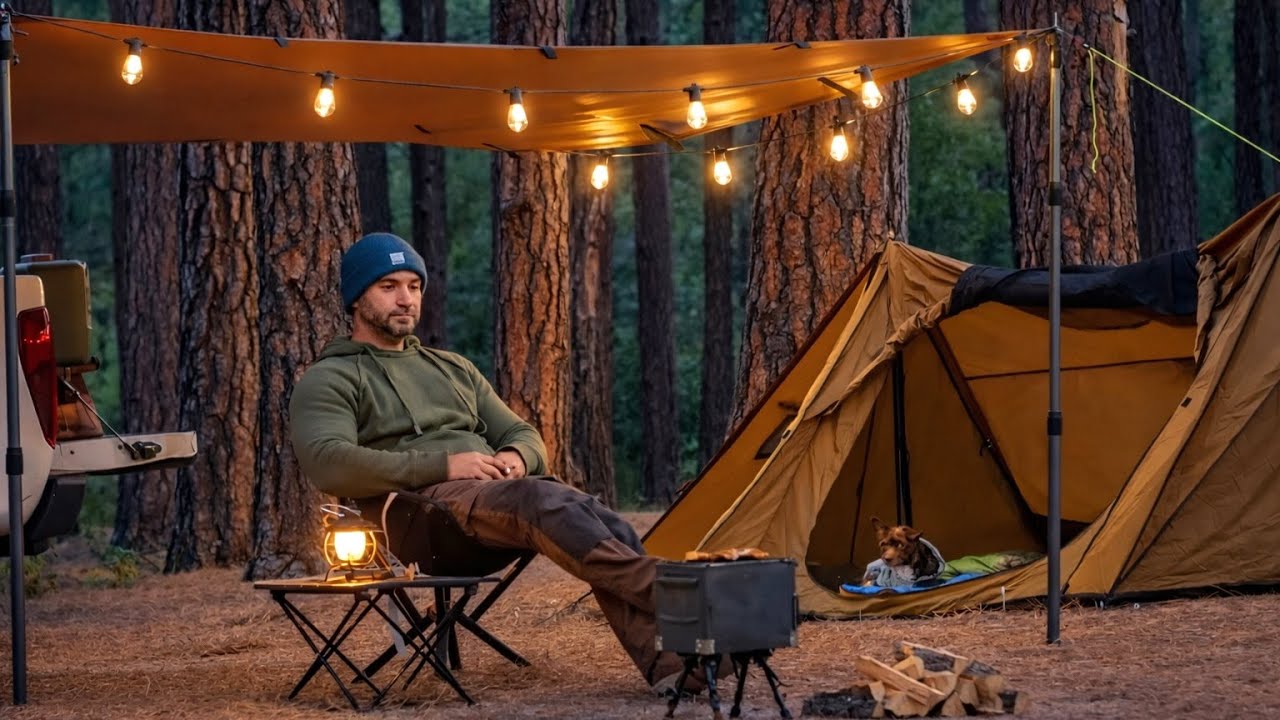 Hot Tent Camping with My Dog . Wood Stove ASMR