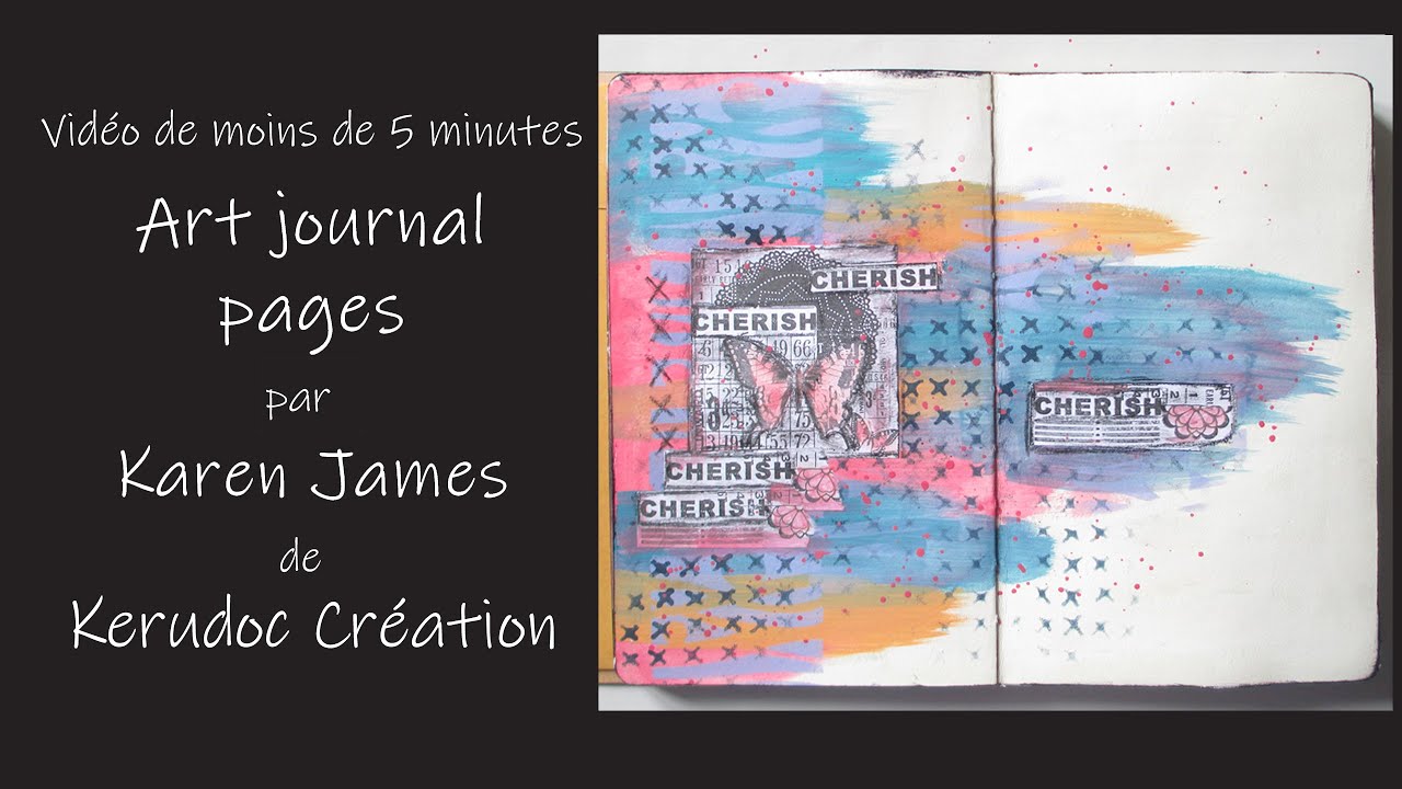 Pages Art Journal avec de la peinture, des gelatos et des images tamponnés.
