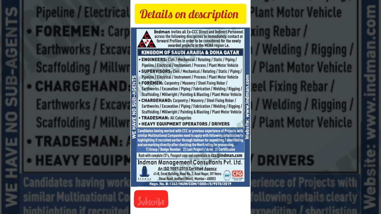 CCC company vacancy 2022 - Large recruitment to Saudi arabia & Qatar