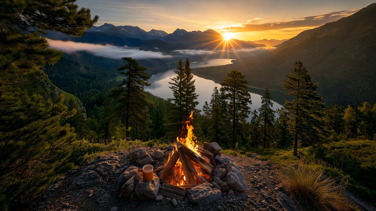 Relaxing Sunrise Campfire Ambience 🌄 Mountain Lake, Birds Singing, Fire Sounds