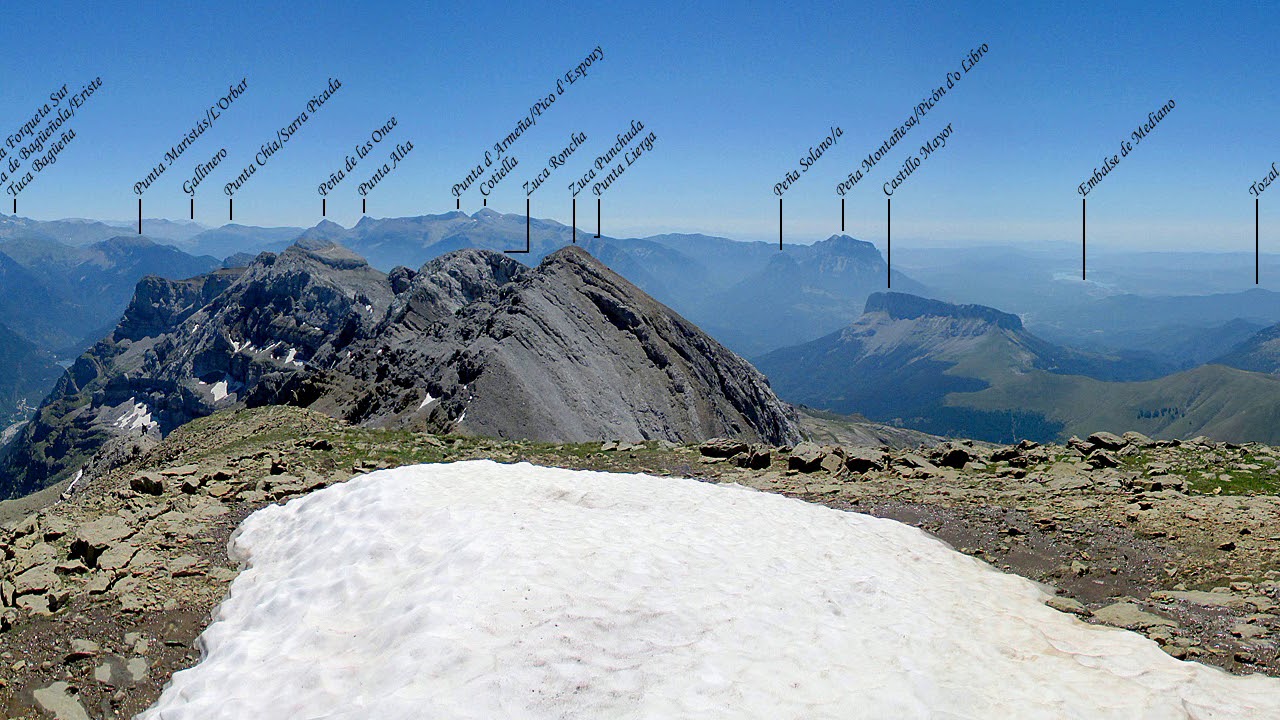 Panorámica de 360º, con nombres anotados, desde la cima del Pico O Zucón/Suca (Pirineo, Huesca)