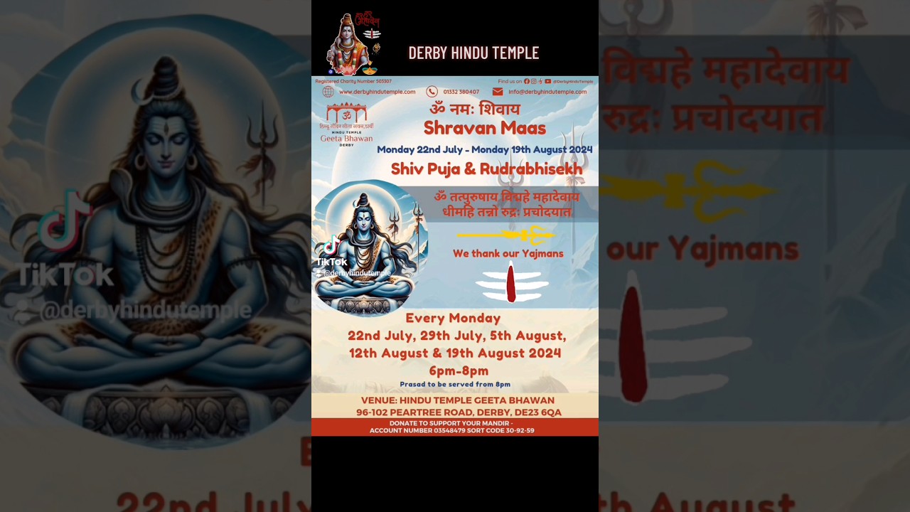 Shravan Maas At Derby Hindu Temple with Rudrabhisekh every Monday from 6pm 