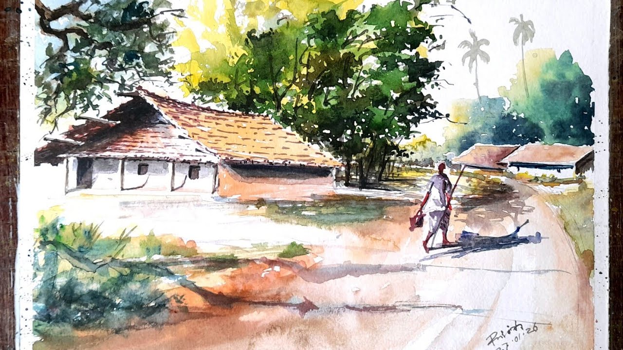 VILLEGE SCENARY PAINTING BY WATERCOLOUR.  