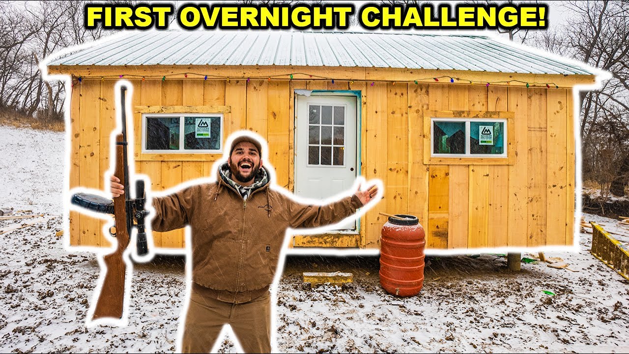 OVERNIGHT in My Backyard OFF-GRID CABIN for the FIRST TIME!!!! (Snowstorm)