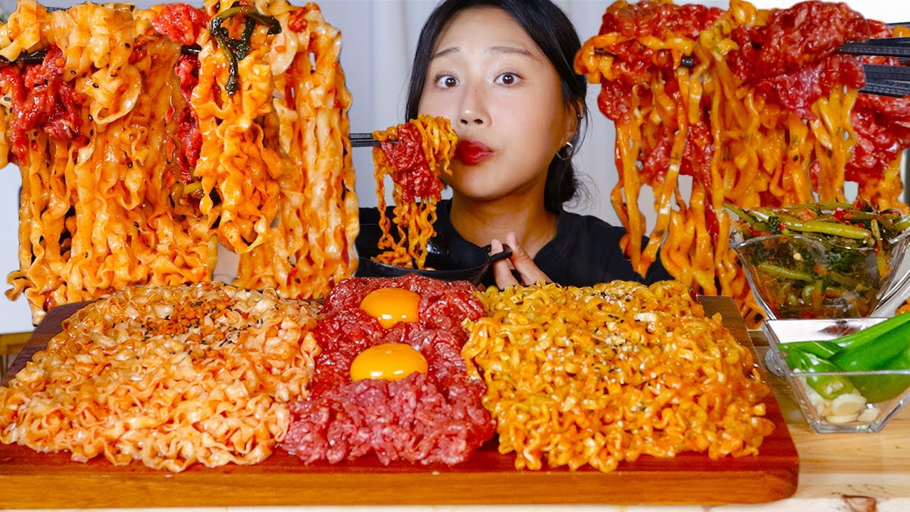 MUKBANG) 육회 칼빔면 & 육회 까르보 불닭 다 낋여왔습니다. Beef tartare noodles asmr eating