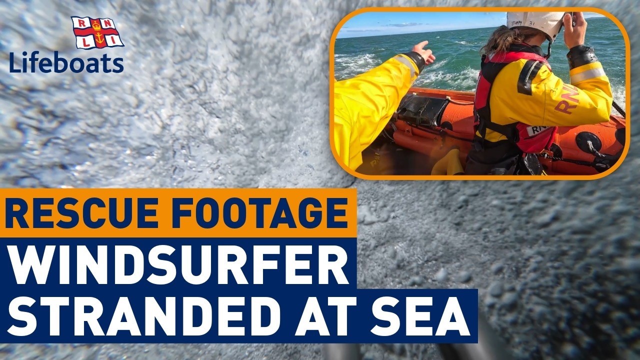 Windsurfer rescued by Exmouth RNLI after boom pole snaps at sea - real GoPro footage