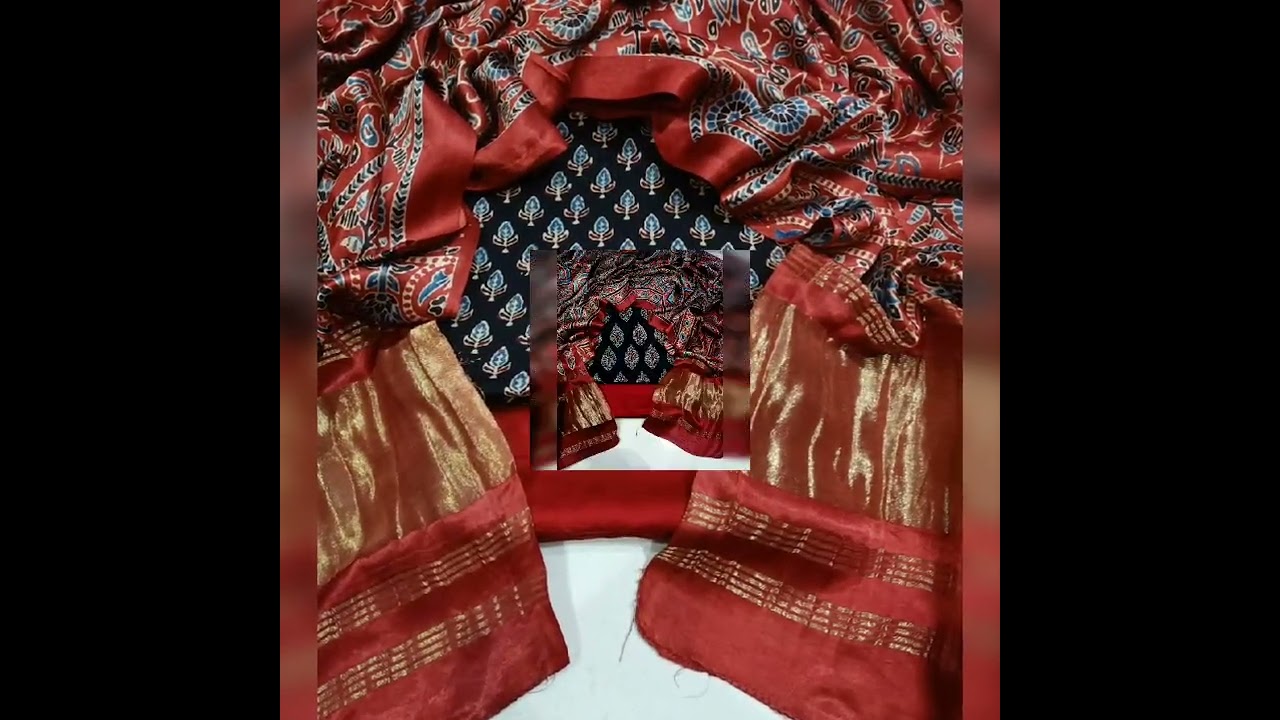 Ajrakh Block printed Modal silk 3 piece suit with zari dupatta*