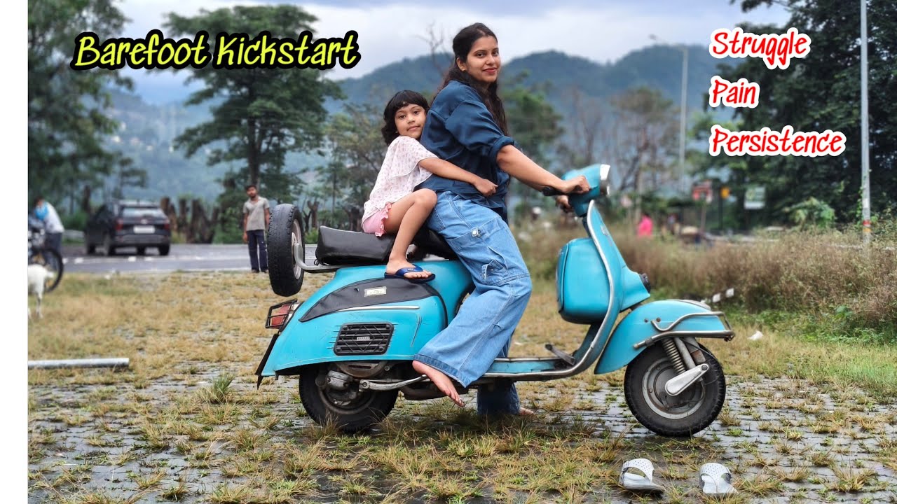Girl Barefoot Kickstarting Vintage Blue Bajaj Super 1986 | Struggle & Pain with Daughter #girlrider