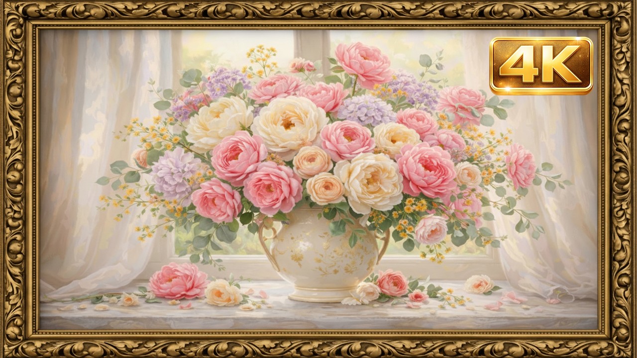 Soft Pink & Cream Floral Oil Painting | Vintage Gold Frame 4K Framed TV Art