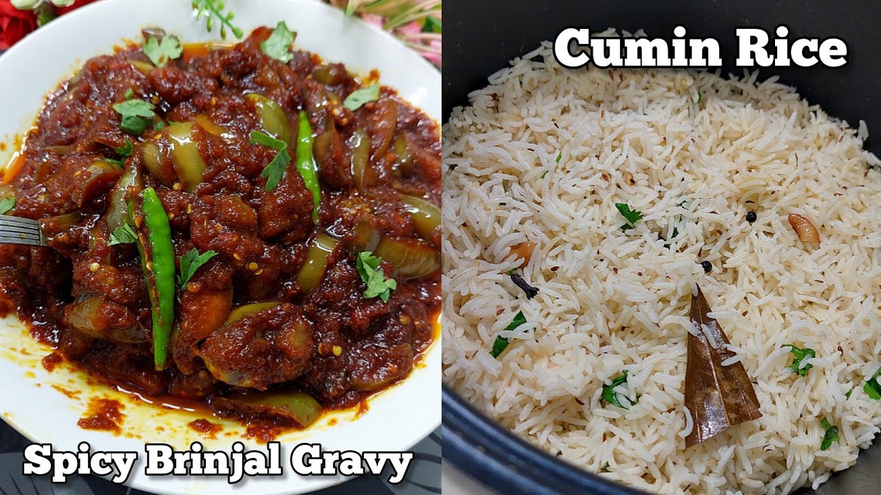 Jeera Rice using Rice Cooker! and Super Tasty Spicy Brinjal Recipe 👌 | Flavoured Cumin Rice Recipe!