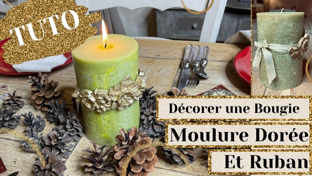 Transformation d'un bougie avec moulures dorée et ruban DIY