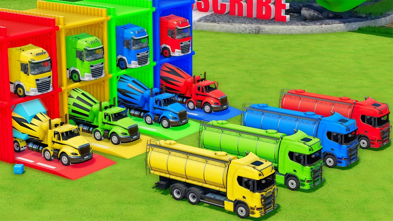 Garage with Colors - ALL MIXER TRUCK WITH DOUBLE FLATBED TRAILER TRUCK, DAF, INTERNATIONAL, SCANIA