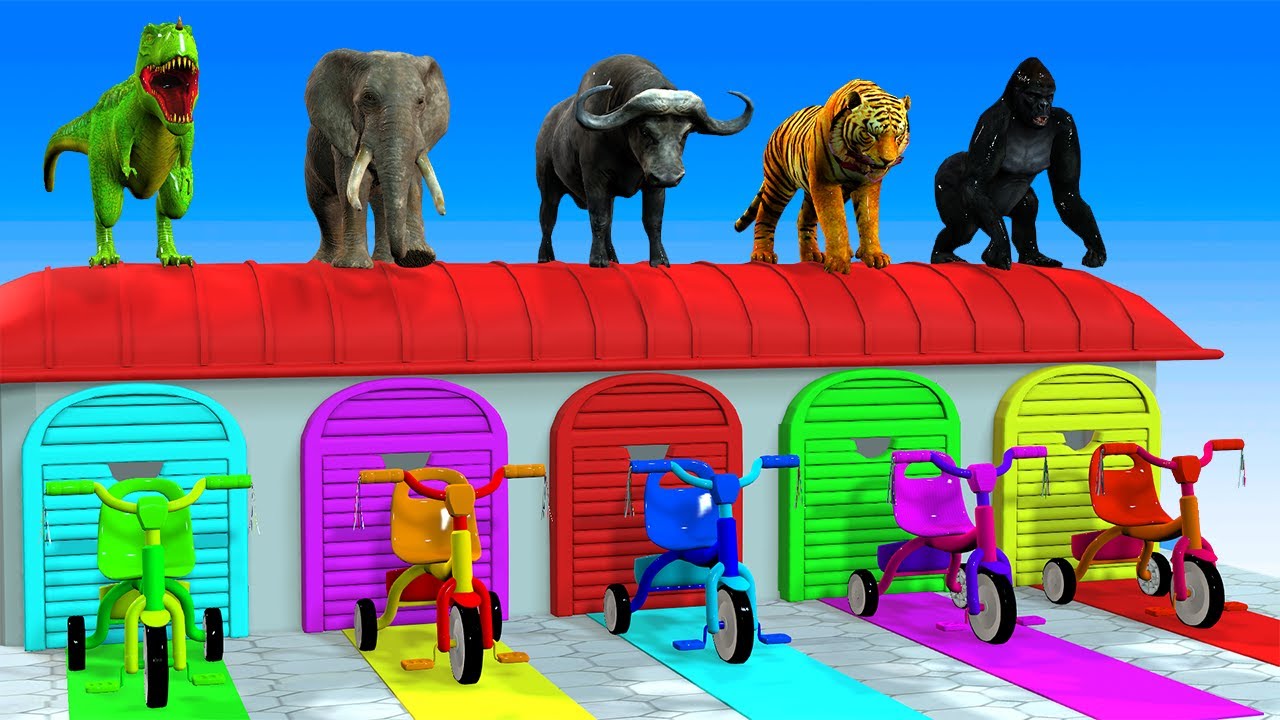 Длинная горка с коровой, слоном, гориллой, бегемотом, тигром, 3D-игра с животными, забавные 3D-жи...