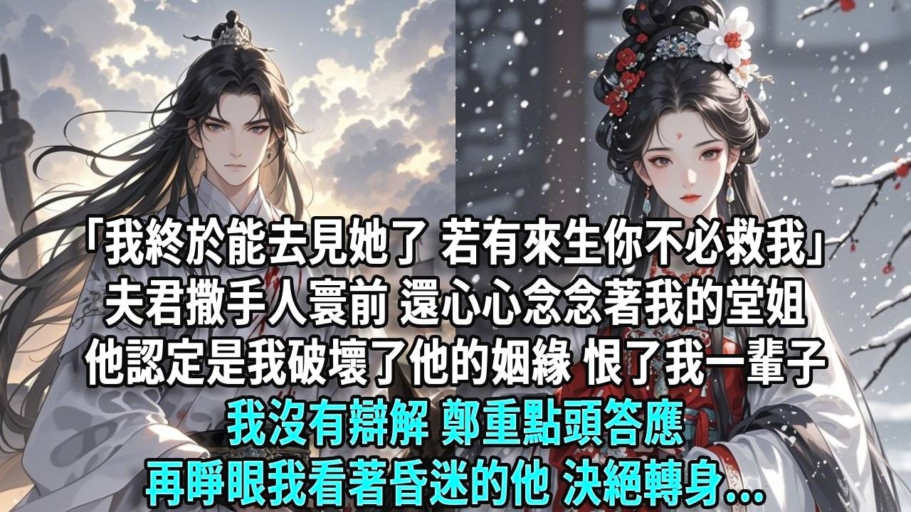 「我終於能去見她了，若有來生你不必救我。」夫君撒手人寰前，還心心念念著我的堂姐。他認定是我破壞了他的姻緣，恨了我一輩子。我沒有辯解，鄭重點頭答應。再睜眼，我看著昏迷的他，決絕轉身。