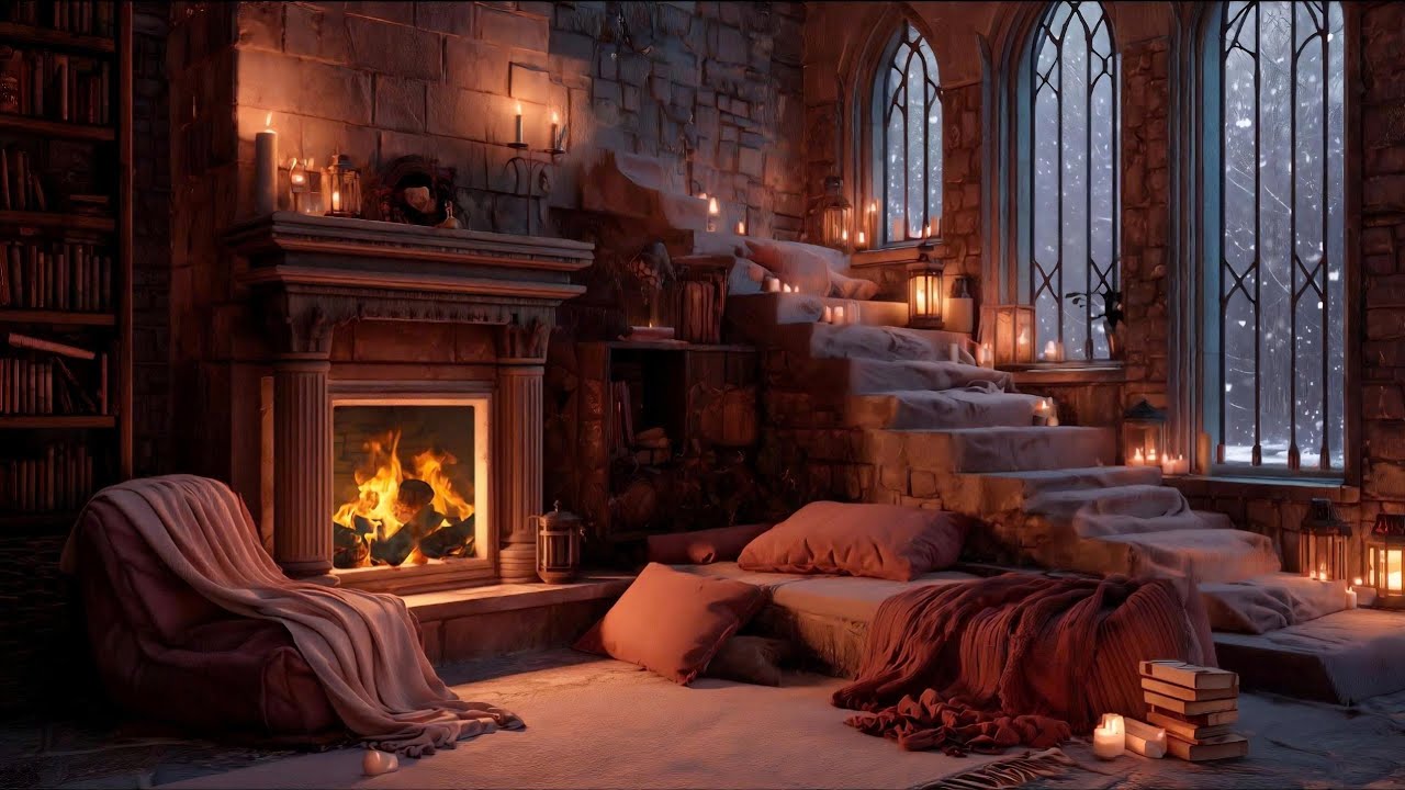 Fire Echoes Through Stone | Snowfall & Low Thunder