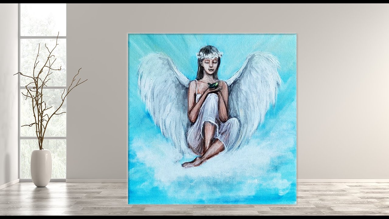 Angel and little bird / Step by Step Acrylic Painting on Canvas for Beginners/MariArtHome