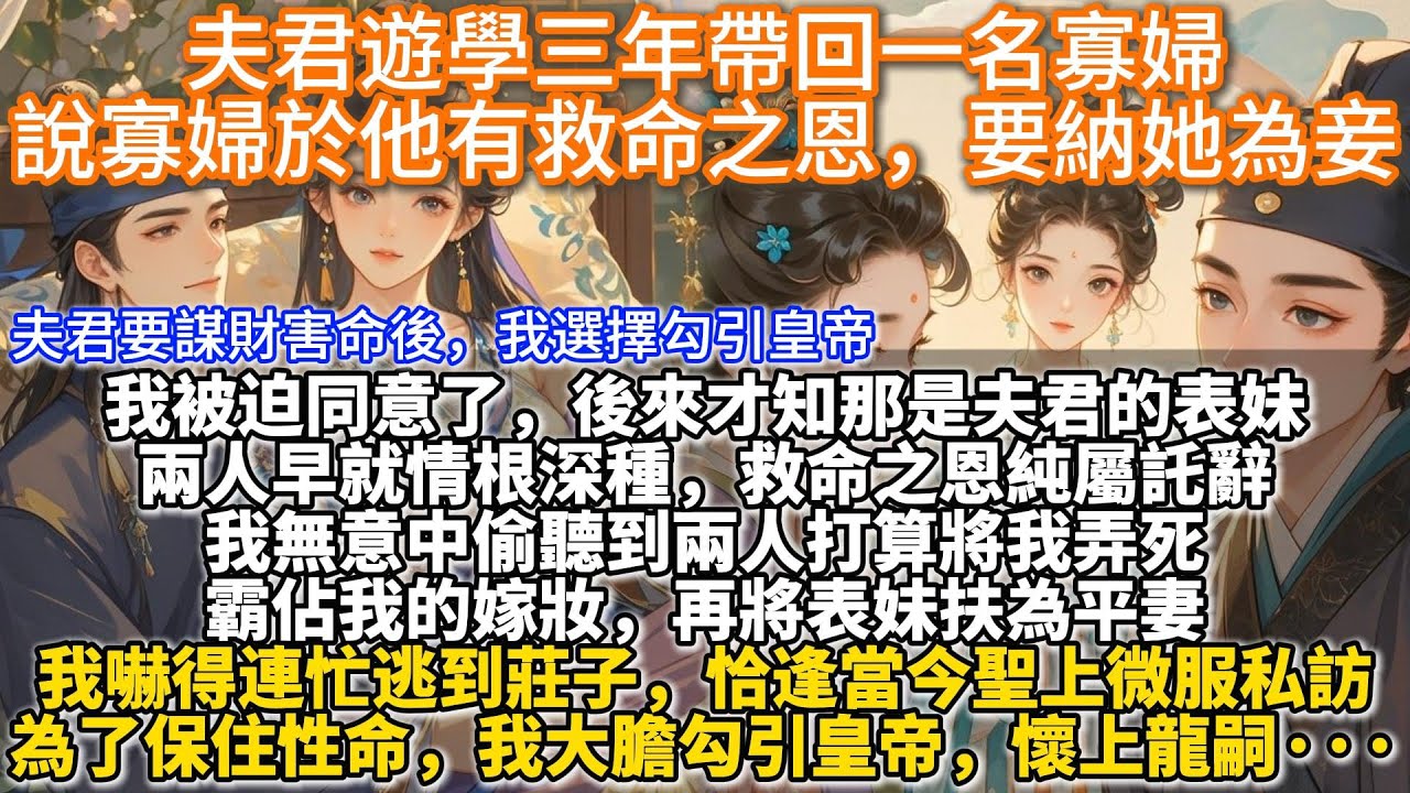 完結步步驚心理智宅鬥文：夫君遊學三年帶回一名寡婦，說寡婦於他有救命之恩，要納她為妾。我無意中偷聽到兩人打算將我弄死，霸佔我的嫁妝。我嚇得連忙逃到莊子，恰逢當今聖上微服私訪。為了保住性命，我大膽勾引皇帝