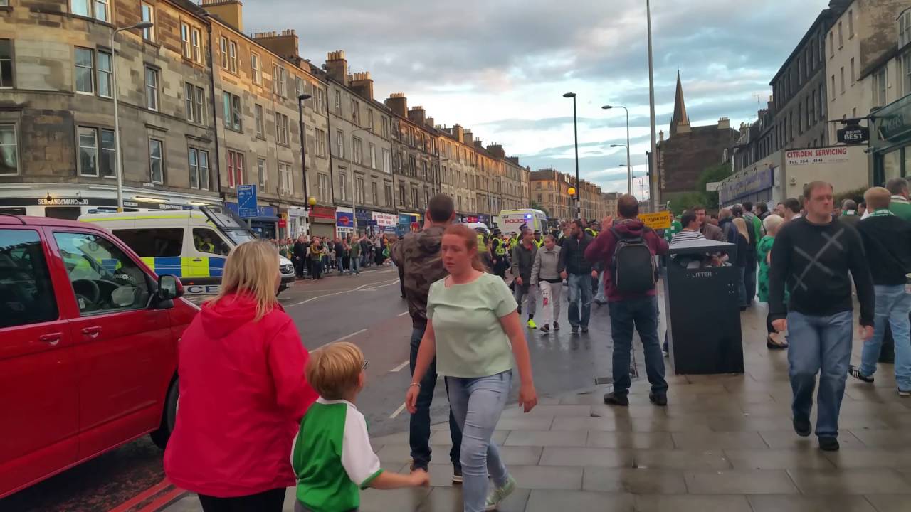Hibs fans and police on Leith walk
