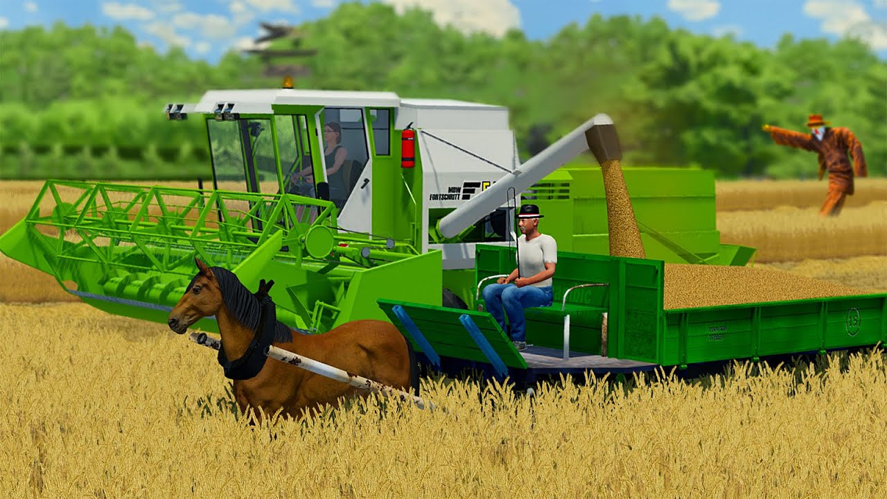 HARVEST AND LOAD WHEAT WITH HORSE CARTS & JCB LOADERS - Farming Simulator 22