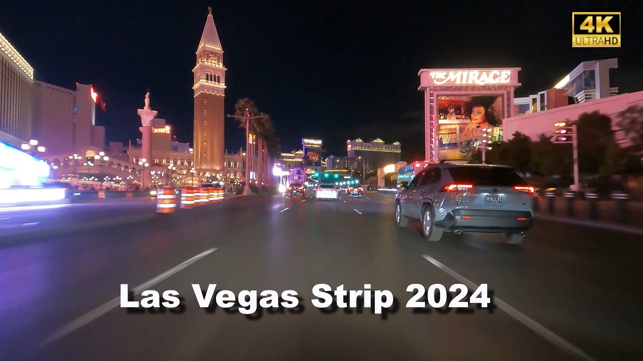 Night drive along Las Vegas Boulevard and Downtown Las Vegas in 4K