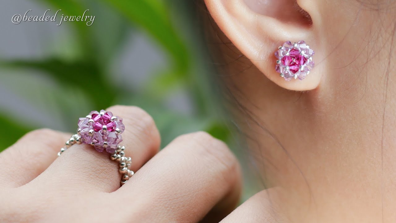 DIY tiny stud earrings and ring. Easy to make beaded jewelry