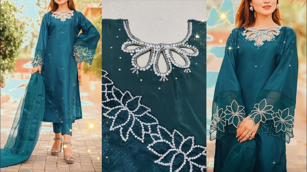 Trendy hand embroidery work neck/ beautiful pakistani neck design/ beads embroidery sleeves design