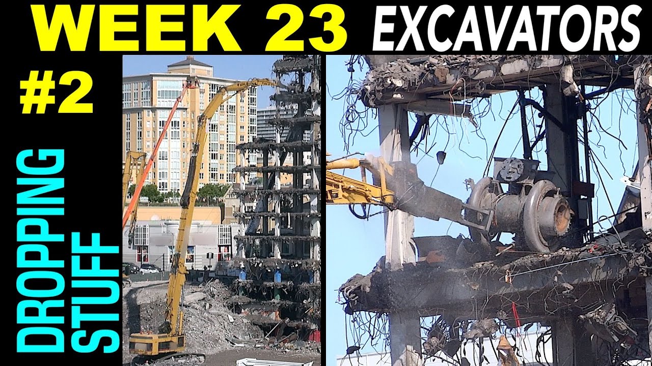 15 scenes of high reach demolition excavators dropping stuff and/or stuff falling (Week 23, set 2)