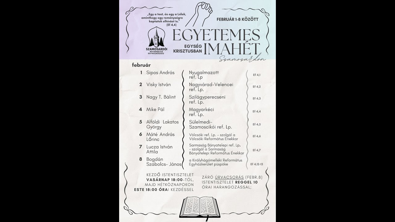 Egyetemes Imahét Szamosardó 2026-Igét hirdet: Lucza István Attila-Sarmaság Bányatelepi ref.Lp