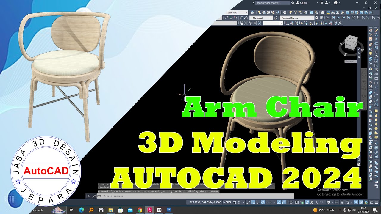 AutoCAD 2024 Tutorial 3D Arm Chair dan Rendering - #3