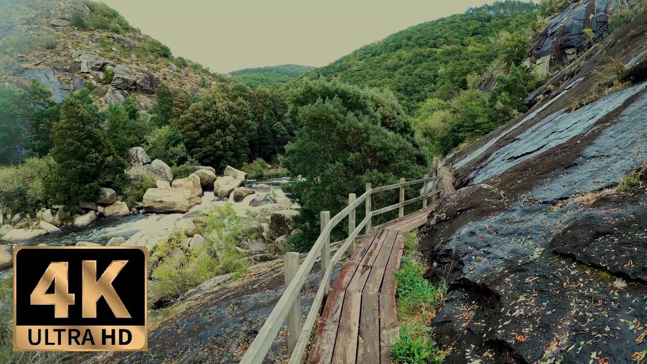 4K Nature Walk - Crossing The Narrow Wooden Walkways Of The River, Autumn Season, Tambre, Galicia
