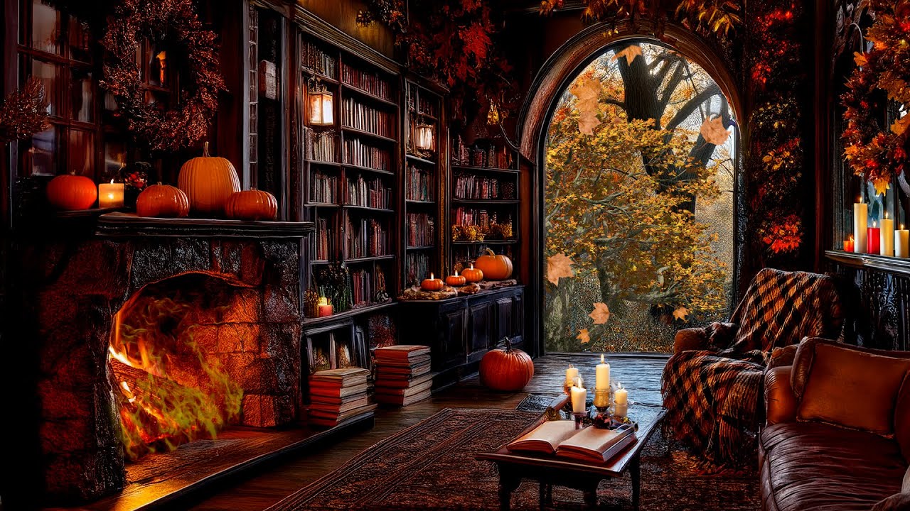 Cozy Thanksgiving Reading Room Ambience – Warm Crackling Fireplace Sounds for Relaxing & Studying