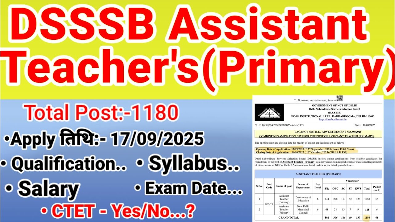 DSSSB Assistant Teachers(Primary)Vacancy 2025|DSSSB Primary Teachers From apply kaise kare|#dsssb