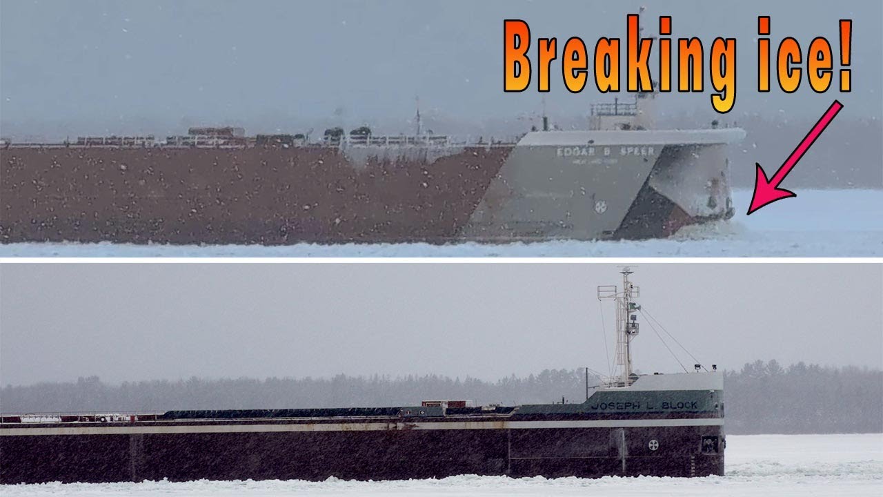 Two ships fighting through the ice to reach the Soo Locks. The Edgar B. Speer and Joseph L. Block.