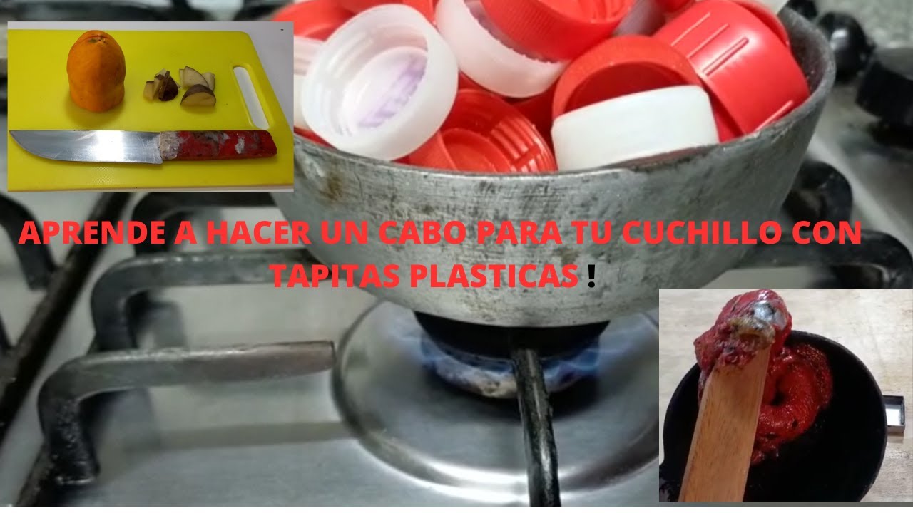 cómo hacer MANGO para CUCHILLO con TAPITAS PLASTICAS y la cuchilla con acero inoxidable.