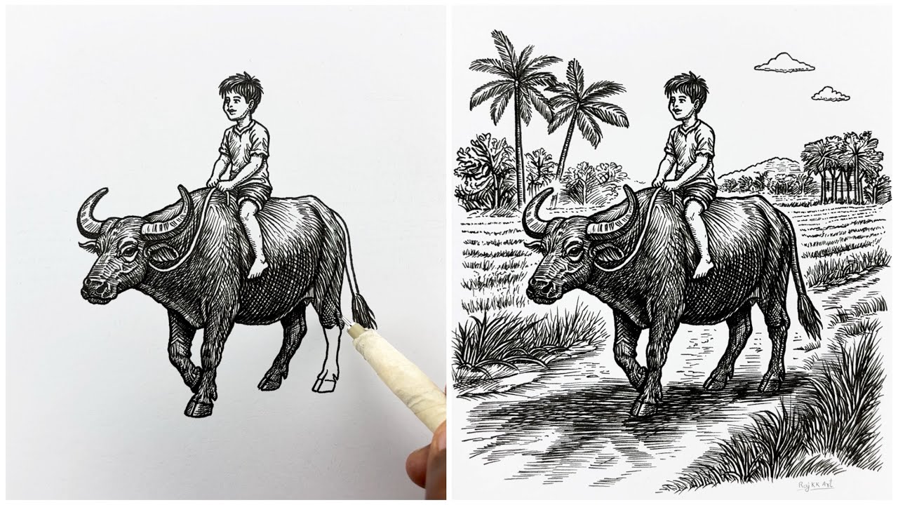 HOW TO DRAW a Village Boy Riding a Buffalo | Peaceful Rural Pencil Drawing